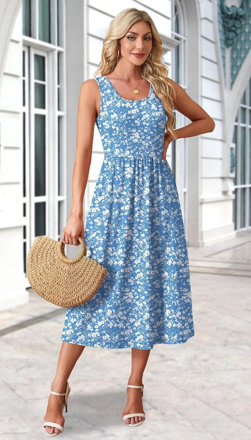Printed sleeveless midi dress with pockets for women