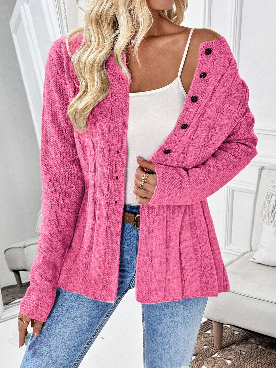 Cable knit cardigan with cinched waist and longline fit for women