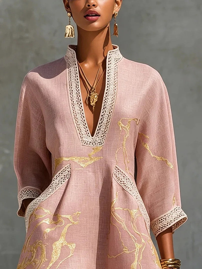 V-neck mini dress with trim detail and flowing fit for women