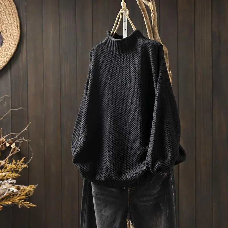 Mock neck chunky knit sweater relaxed fit for women