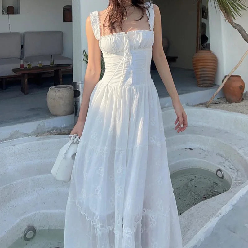 Square neck lace-up back maxi dress for women