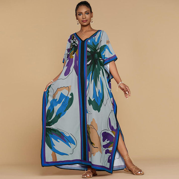 Printed kaftan maxi dress with V-neck and batwing sleeves for women