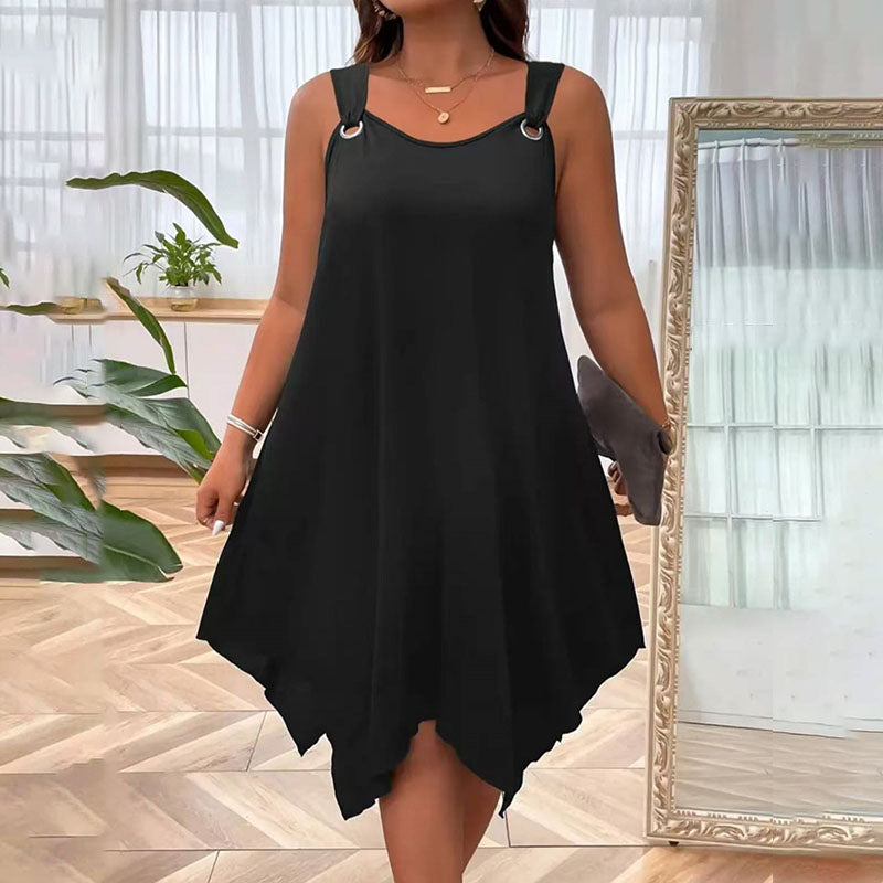 Plus size sleeveless dress with handkerchief hem and ring straps for women