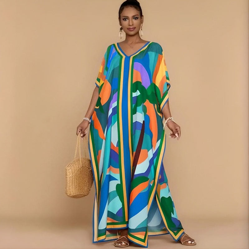 Printed kaftan maxi dress with V-neck and batwing sleeves for women