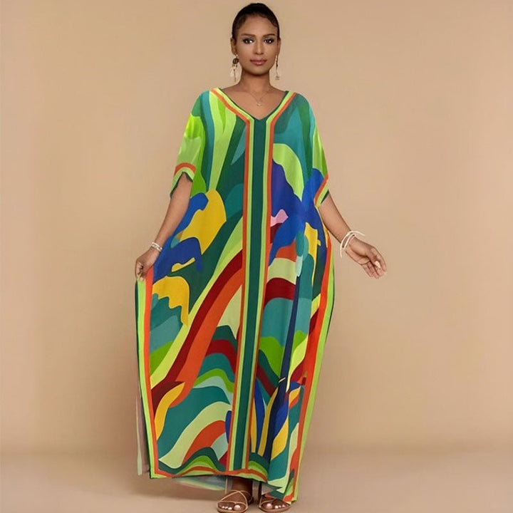 Printed kaftan maxi dress with V-neck and batwing sleeves for women