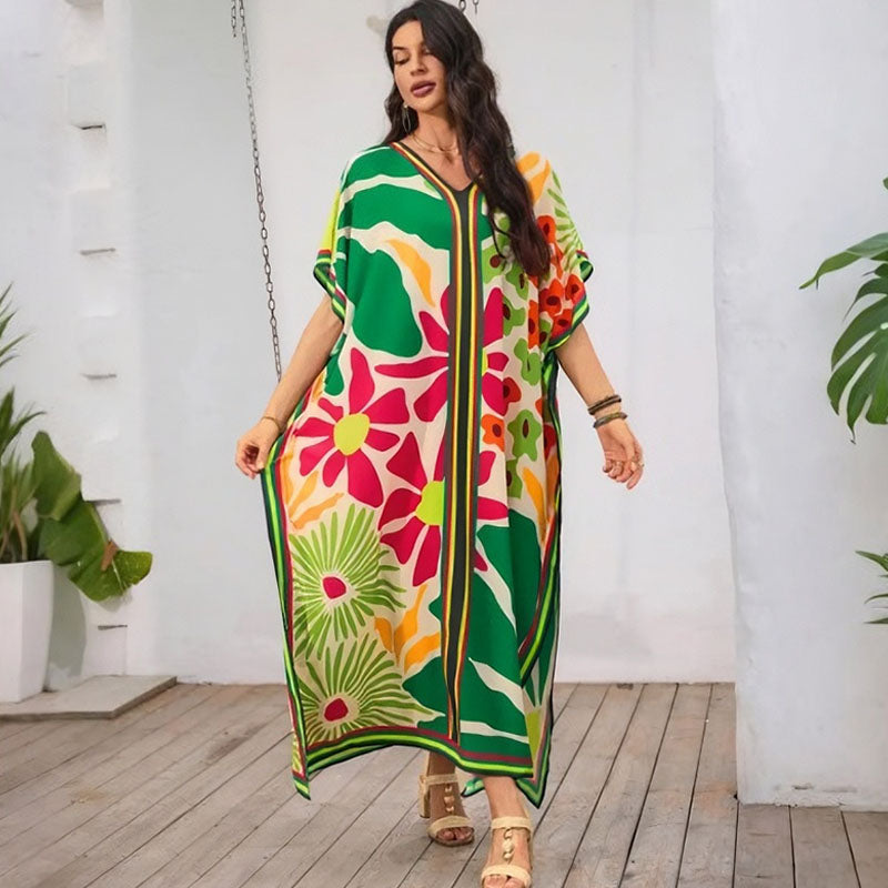 Printed kaftan maxi dress with V-neck and batwing sleeves for women