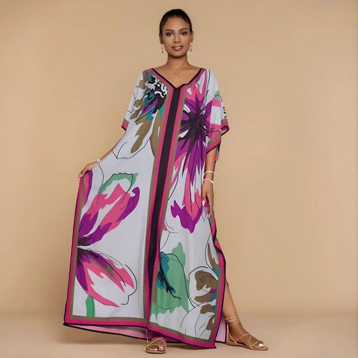 Printed kaftan maxi dress with V-neck and batwing sleeves for women
