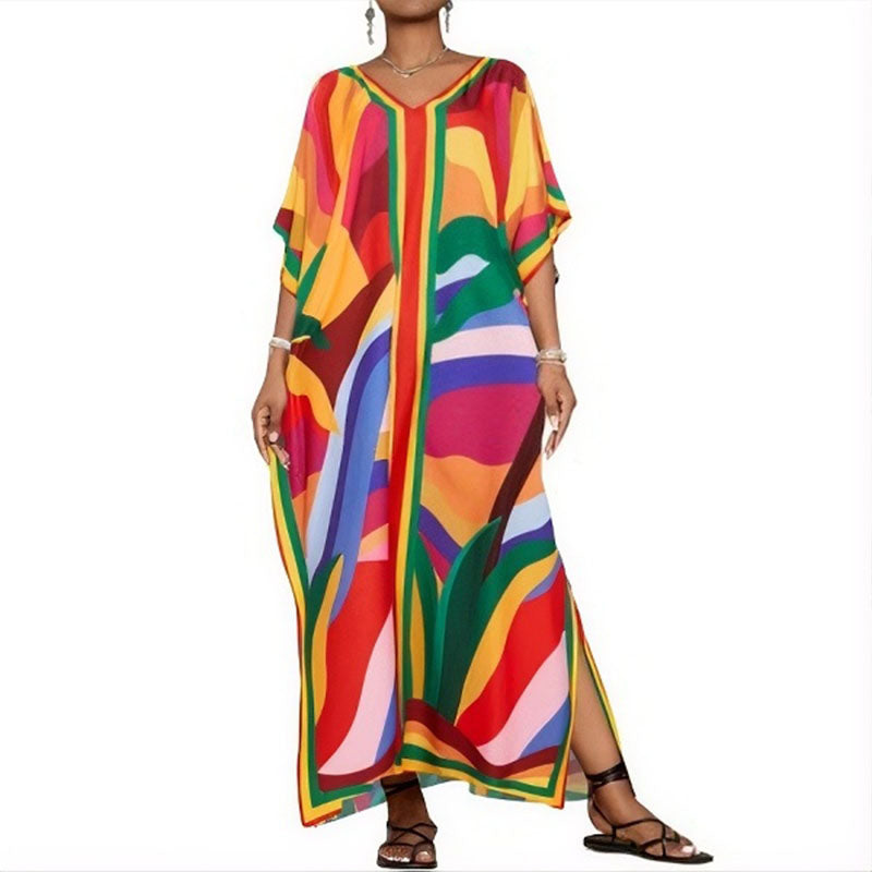 Printed kaftan maxi dress with V-neck and batwing sleeves for women