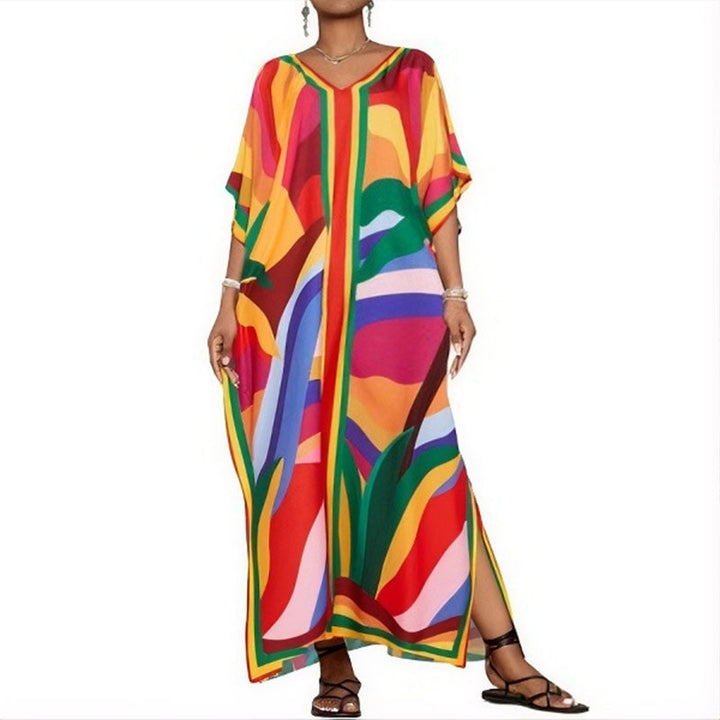 Printed kaftan maxi dress with V-neck and batwing sleeves for women