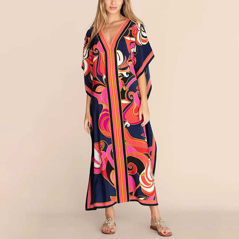 Printed kaftan maxi dress with V-neck and batwing sleeves for women