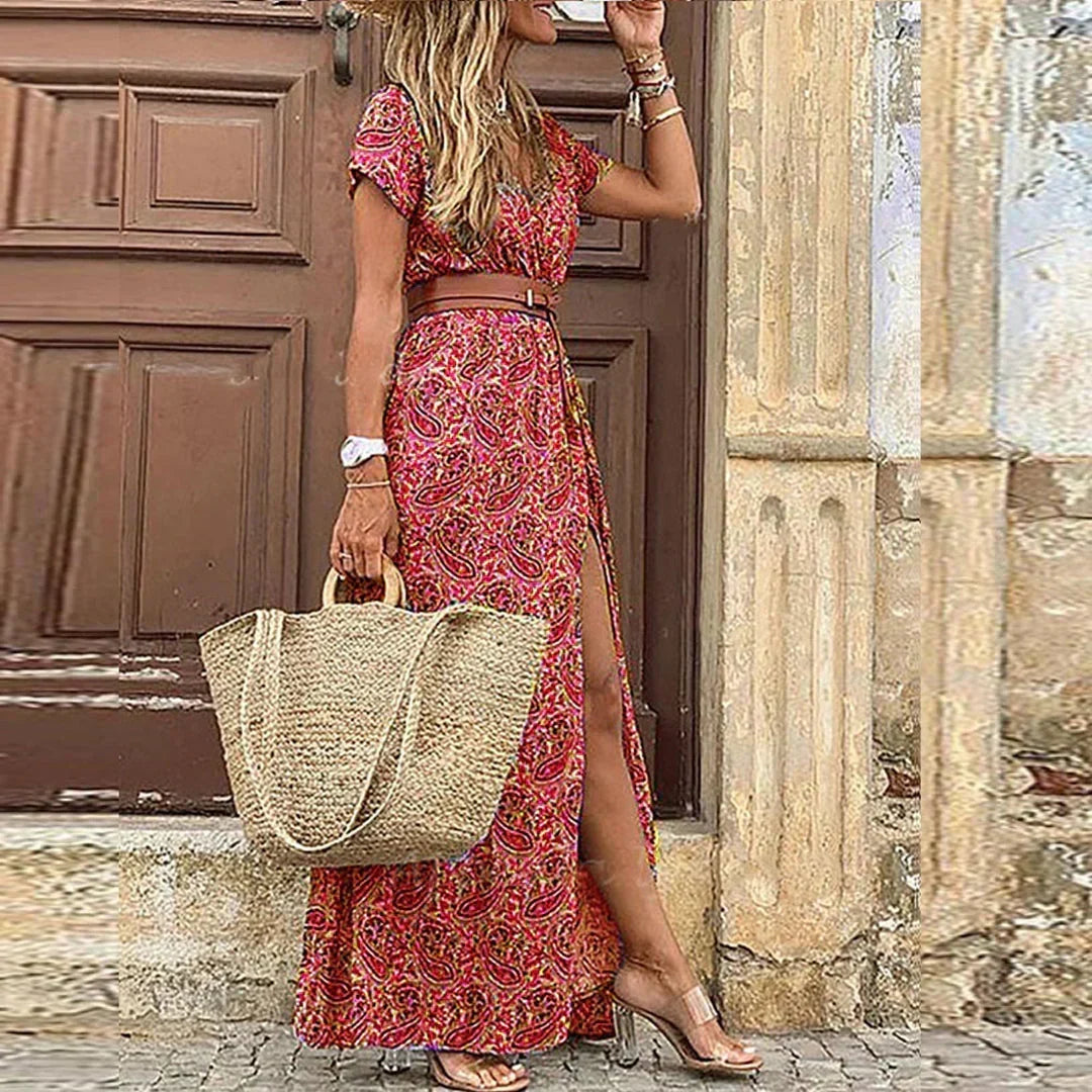 Boho maxi dress with V-neck, short sleeves and drawstring waist for women