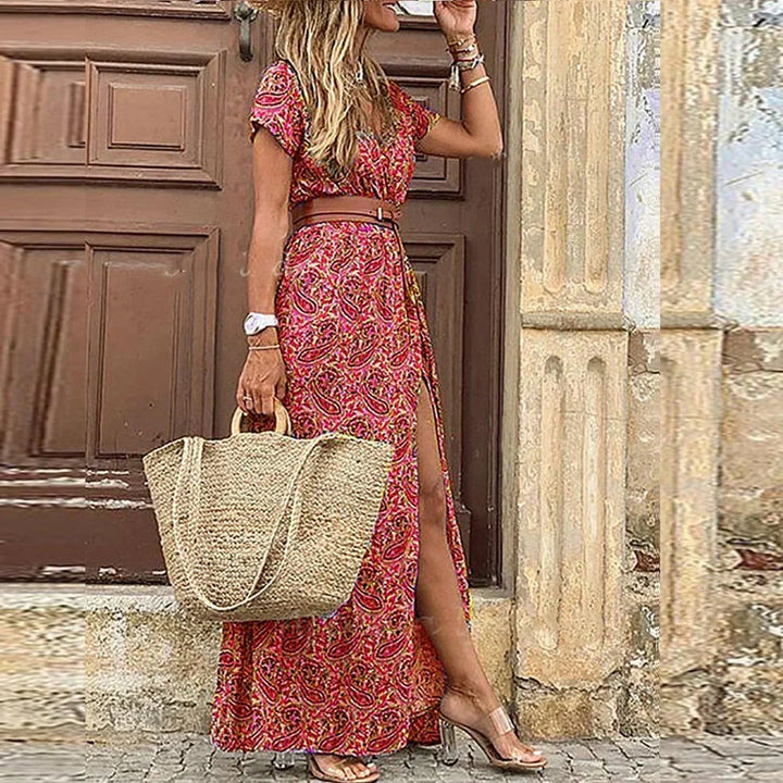 Boho maxi dress with V-neck, short sleeves and drawstring waist for women