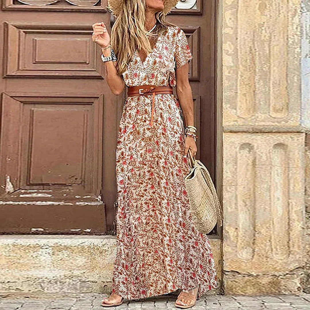 Boho maxi dress with V-neck, short sleeves and drawstring waist for women