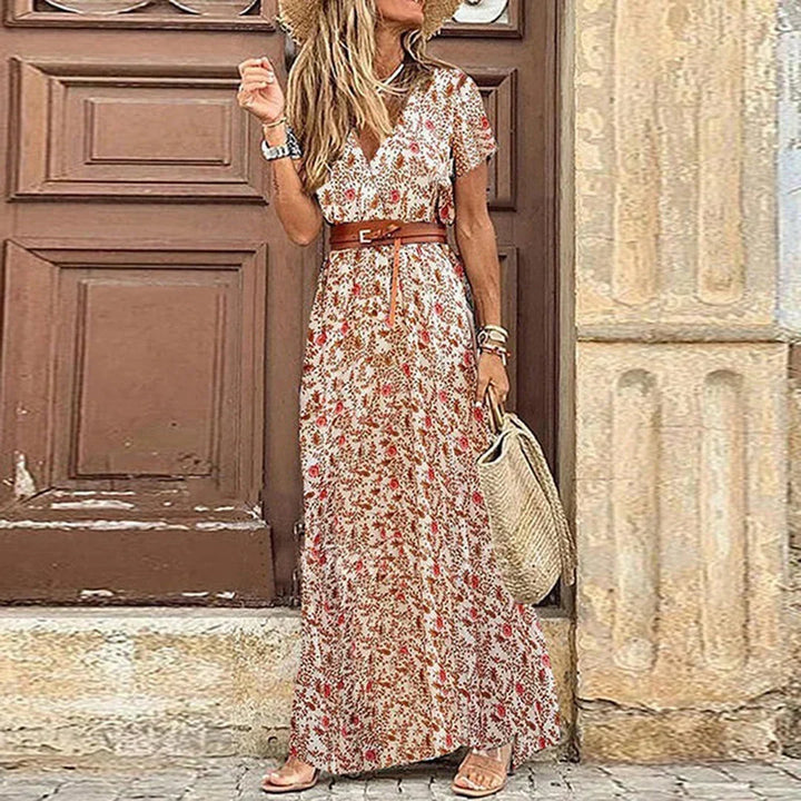 Boho maxi dress with V-neck, short sleeves and drawstring waist for women
