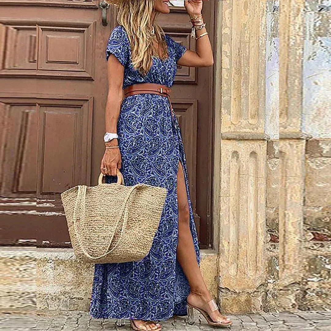 Boho maxi dress with V-neck, short sleeves and drawstring waist for women