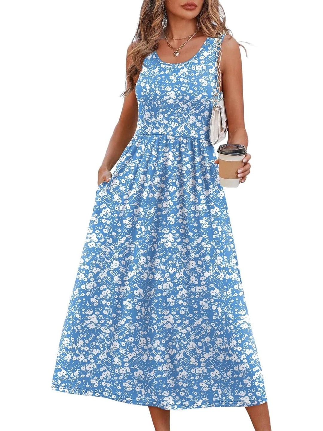Printed sleeveless midi dress with pockets for women