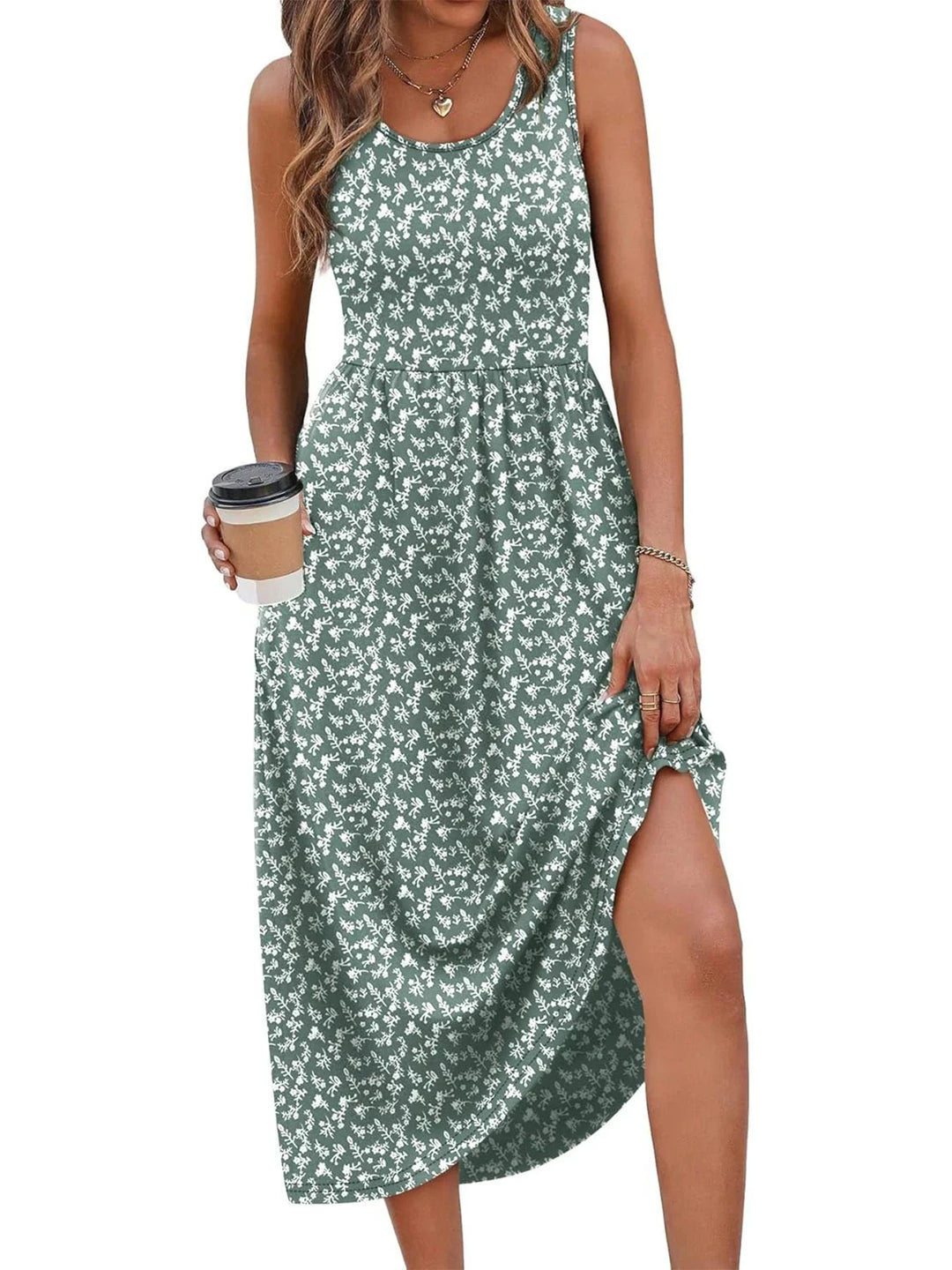 Printed sleeveless midi dress with pockets for women