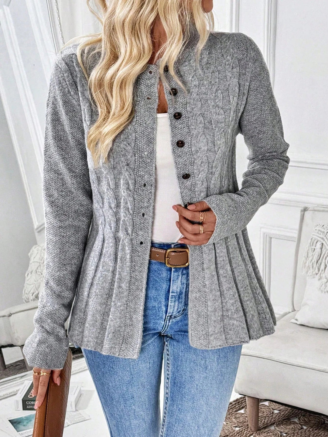 Cable knit cardigan with cinched waist and longline fit for women