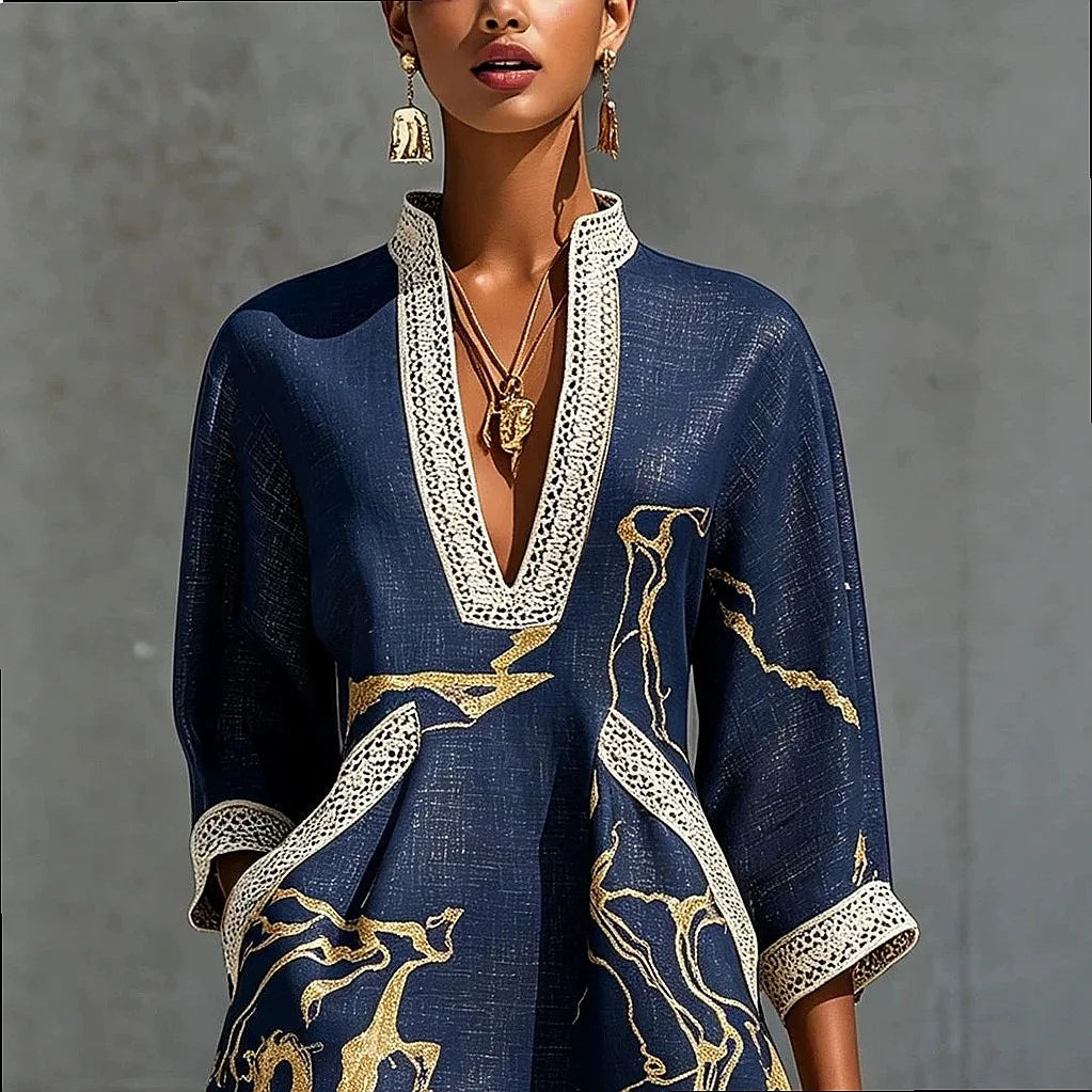 V-neck mini dress with trim detail and flowing fit for women