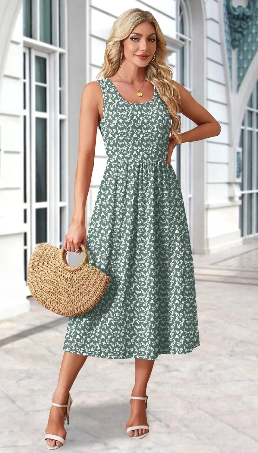 Printed sleeveless midi dress with pockets for women
