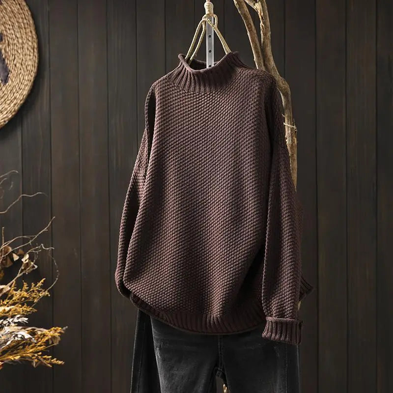 Mock neck chunky knit sweater relaxed fit for women