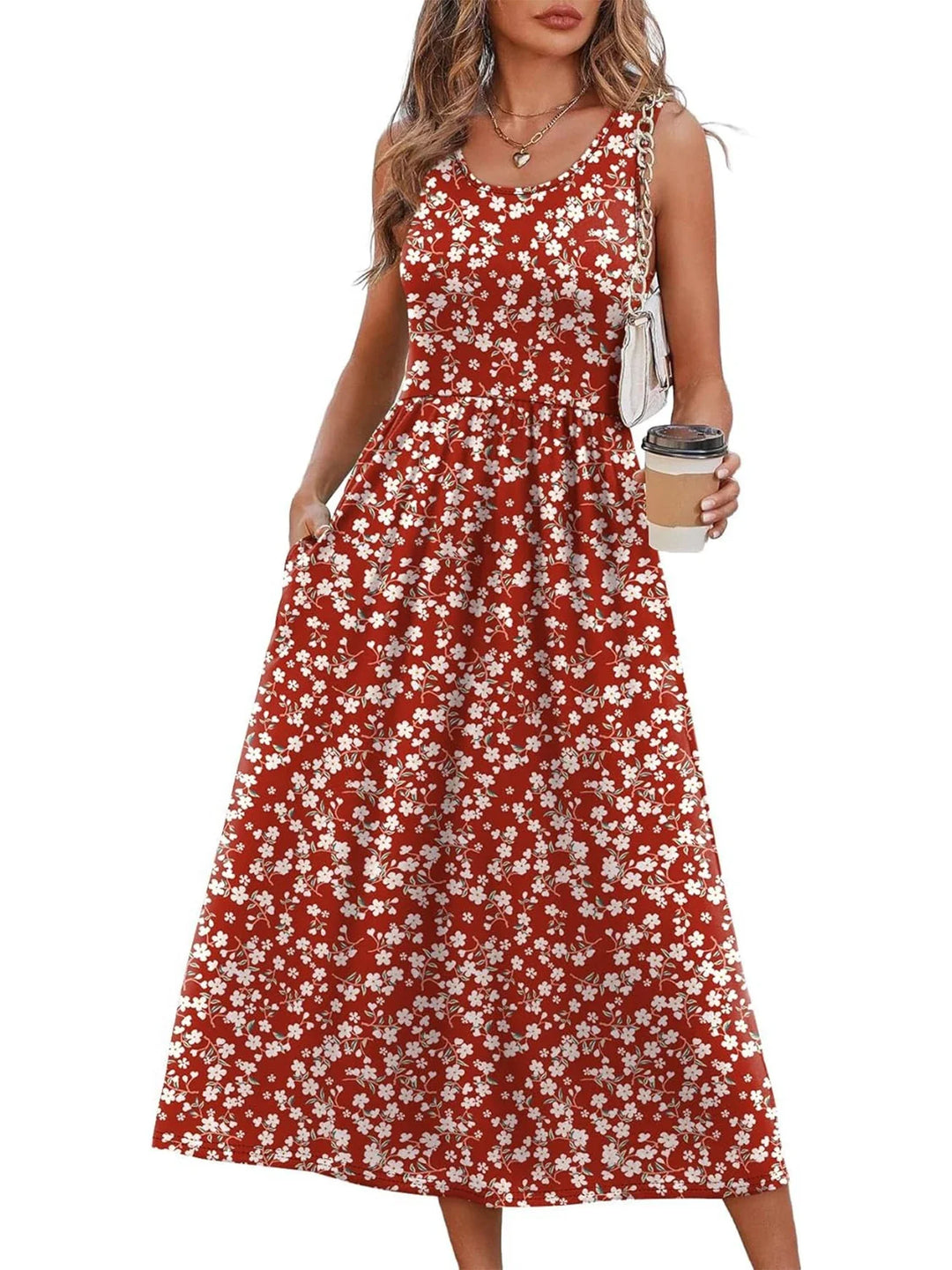 Printed sleeveless midi dress with pockets for women