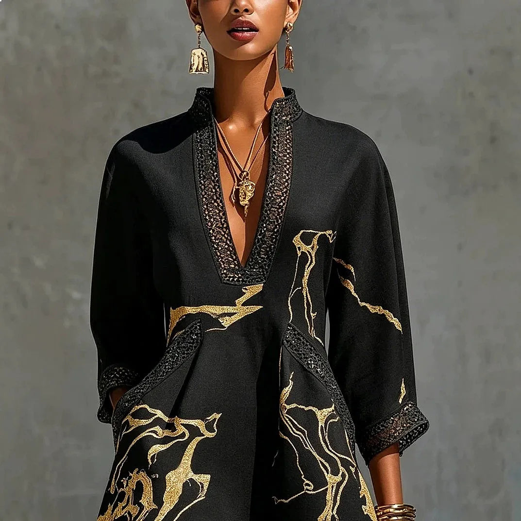 V-neck mini dress with trim detail and flowing fit for women