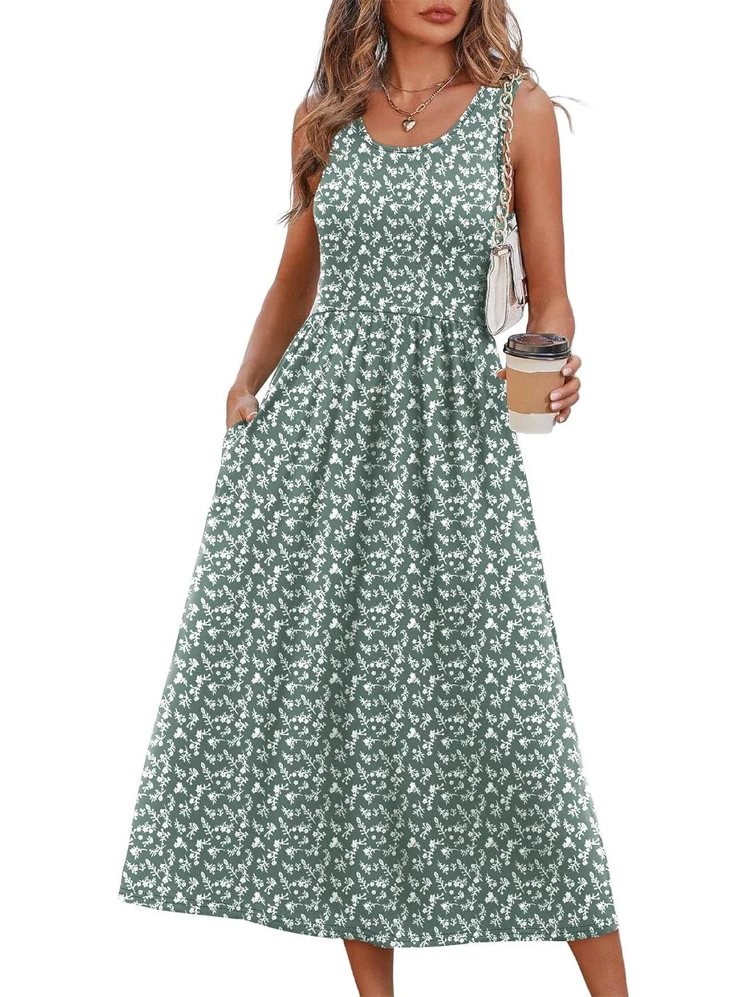 Printed sleeveless midi dress with pockets for women