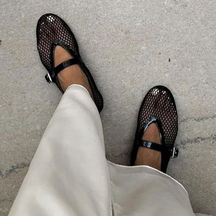 Mesh ballet flats mary jane buckle strap for women