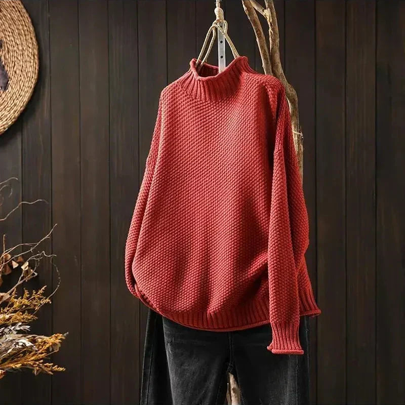 Mock neck chunky knit sweater relaxed fit for women