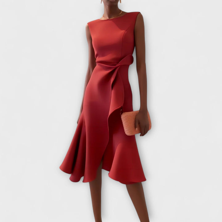 Sleeveless Asymmetric Midi Dress – Draped Elegant Fit