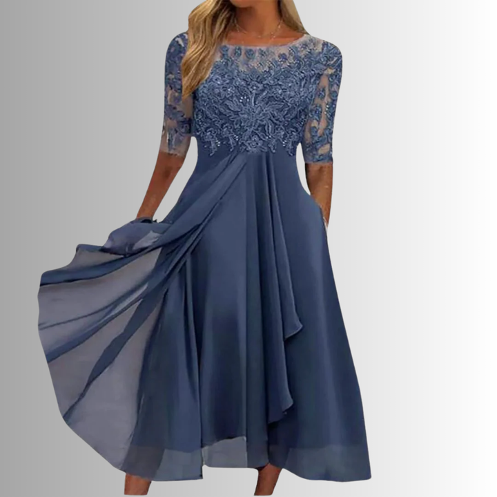 Elegant Lace Midi Dress – Short Sleeve, Layered Skirt