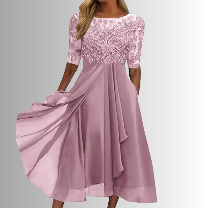 Elegant Lace Midi Dress – Short Sleeve, Layered Skirt