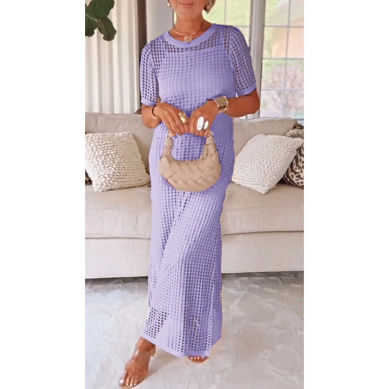Maxi Gown with Sheer Knit Overlay – Relaxed Fit, Short Sleeve