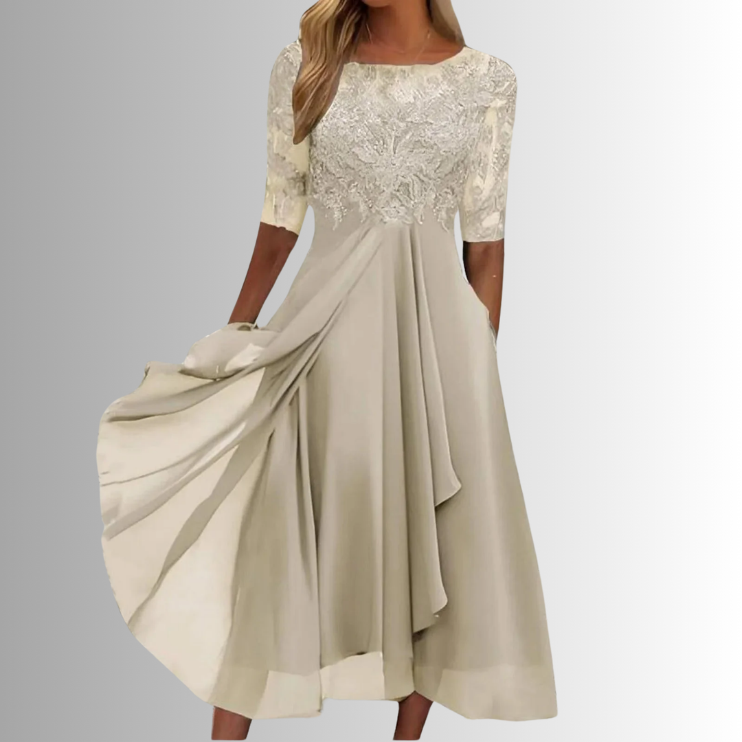 Elegant Lace Midi Dress – Short Sleeve, Layered Skirt