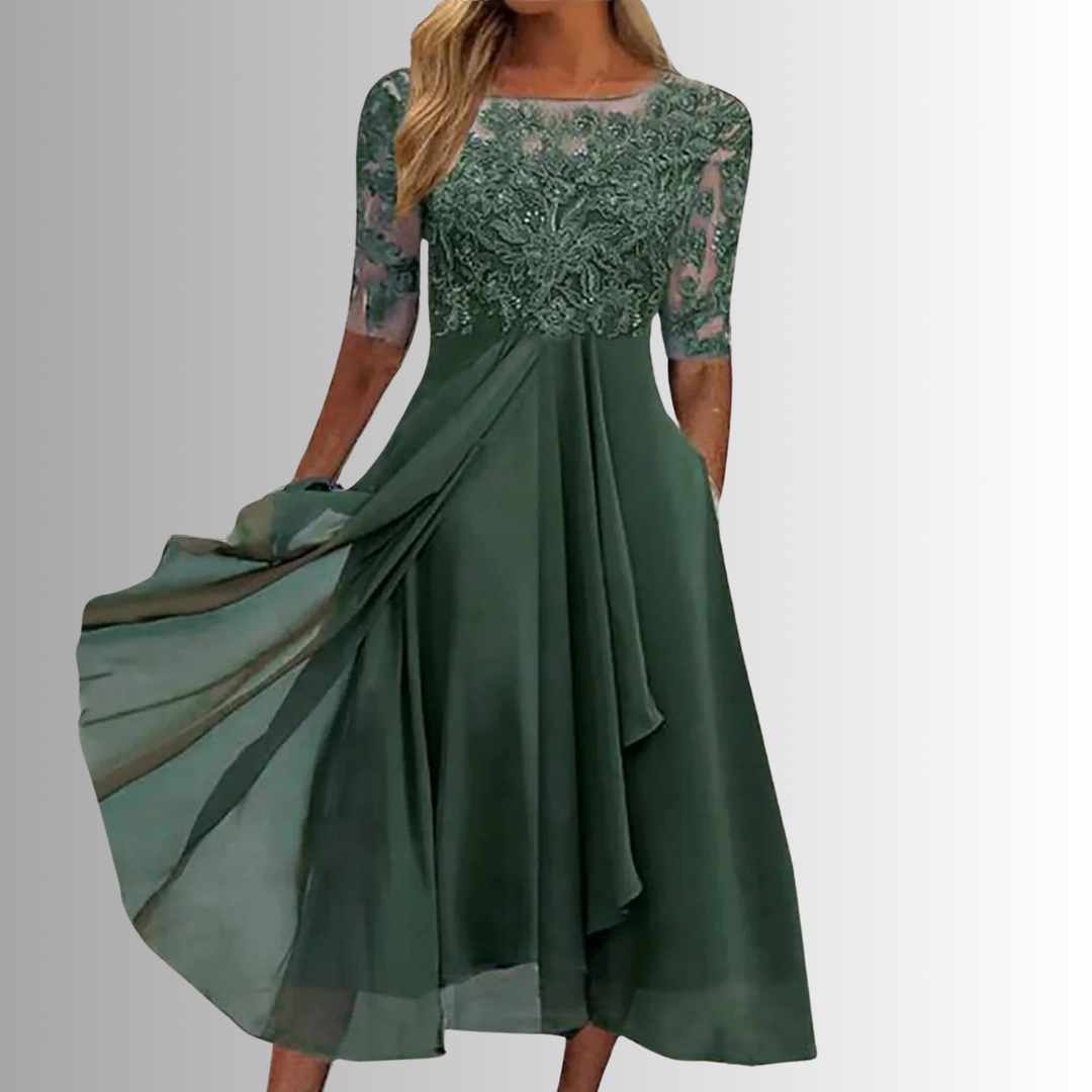 Elegant Lace Midi Dress – Short Sleeve, Layered Skirt