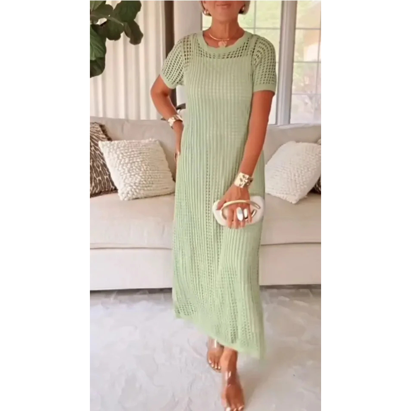 Maxi Gown with Sheer Knit Overlay – Relaxed Fit, Short Sleeve