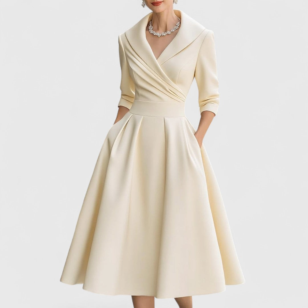 Classic Pleated Midi Dress – Structured Waist Design