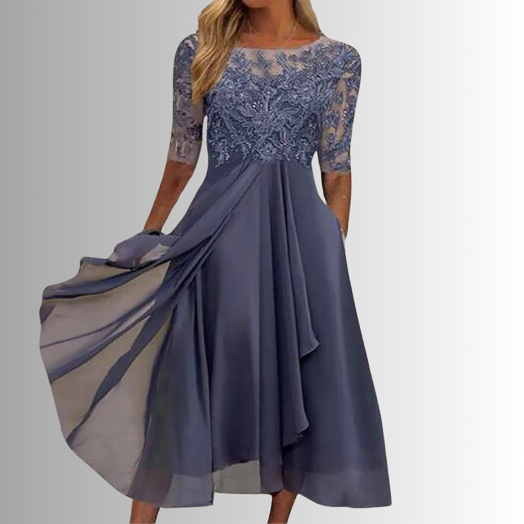 Elegant Lace Midi Dress – Short Sleeve, Layered Skirt