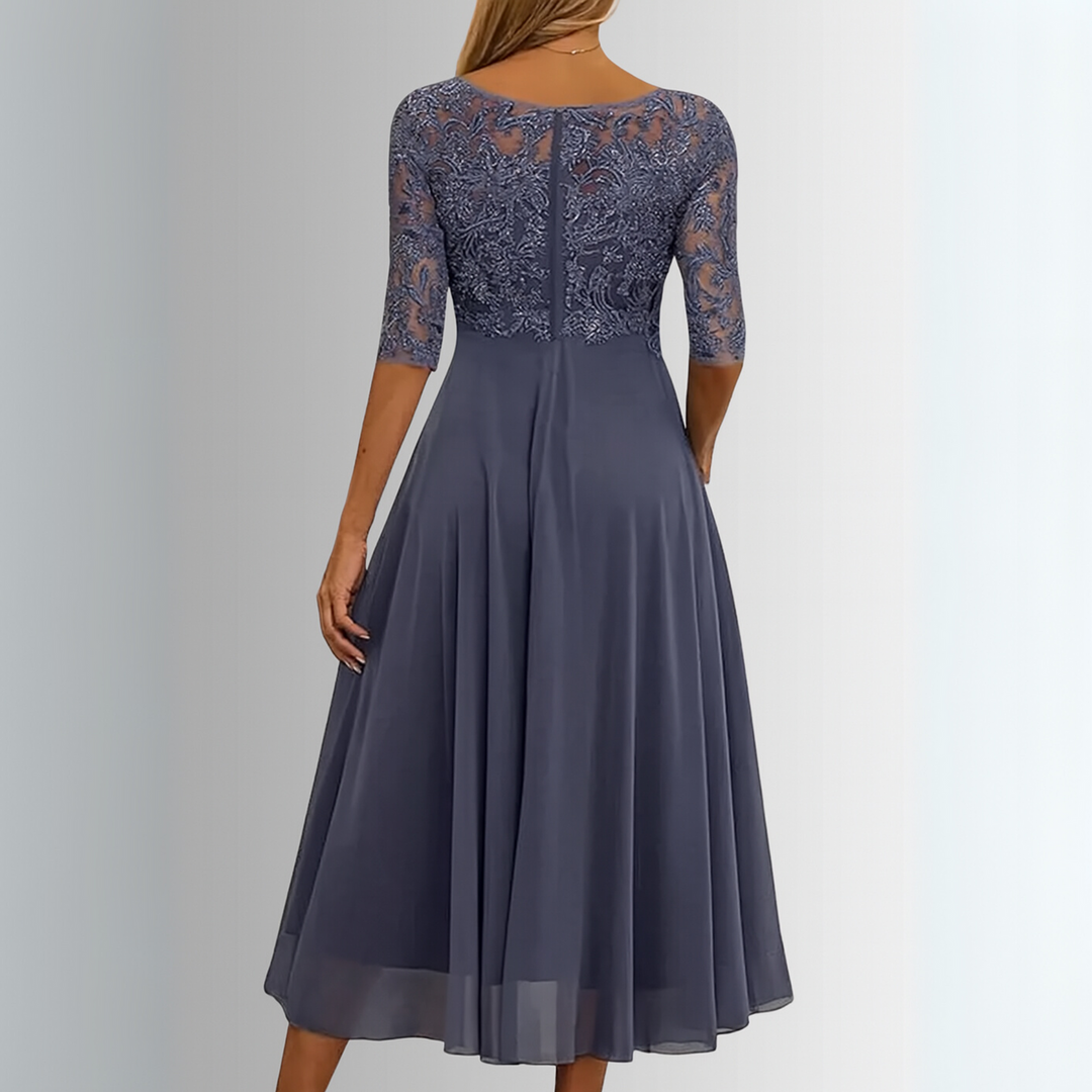 Elegant Lace Midi Dress – Short Sleeve, Layered Skirt