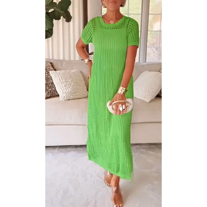 Maxi Gown with Sheer Knit Overlay – Relaxed Fit, Short Sleeve