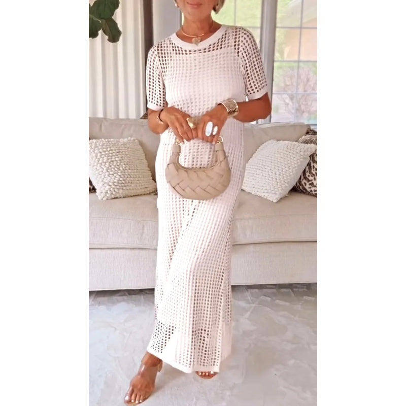 Maxi Gown with Sheer Knit Overlay – Relaxed Fit, Short Sleeve