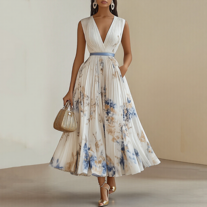 Pleated maxi dress with V-neck and waist tie for women