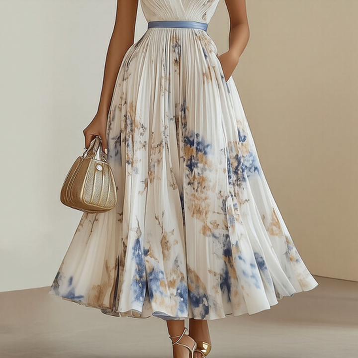 Pleated maxi dress with V-neck and waist tie for women