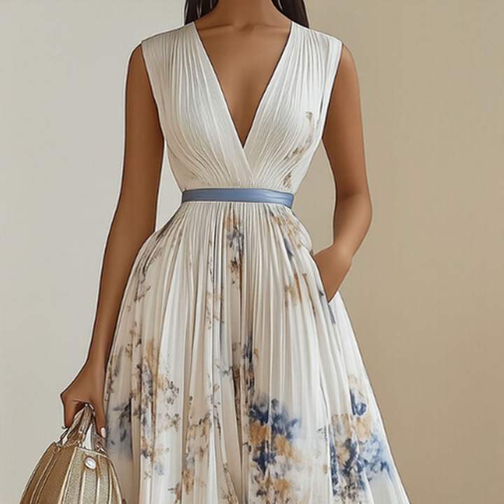 Pleated maxi dress with V-neck and waist tie for women