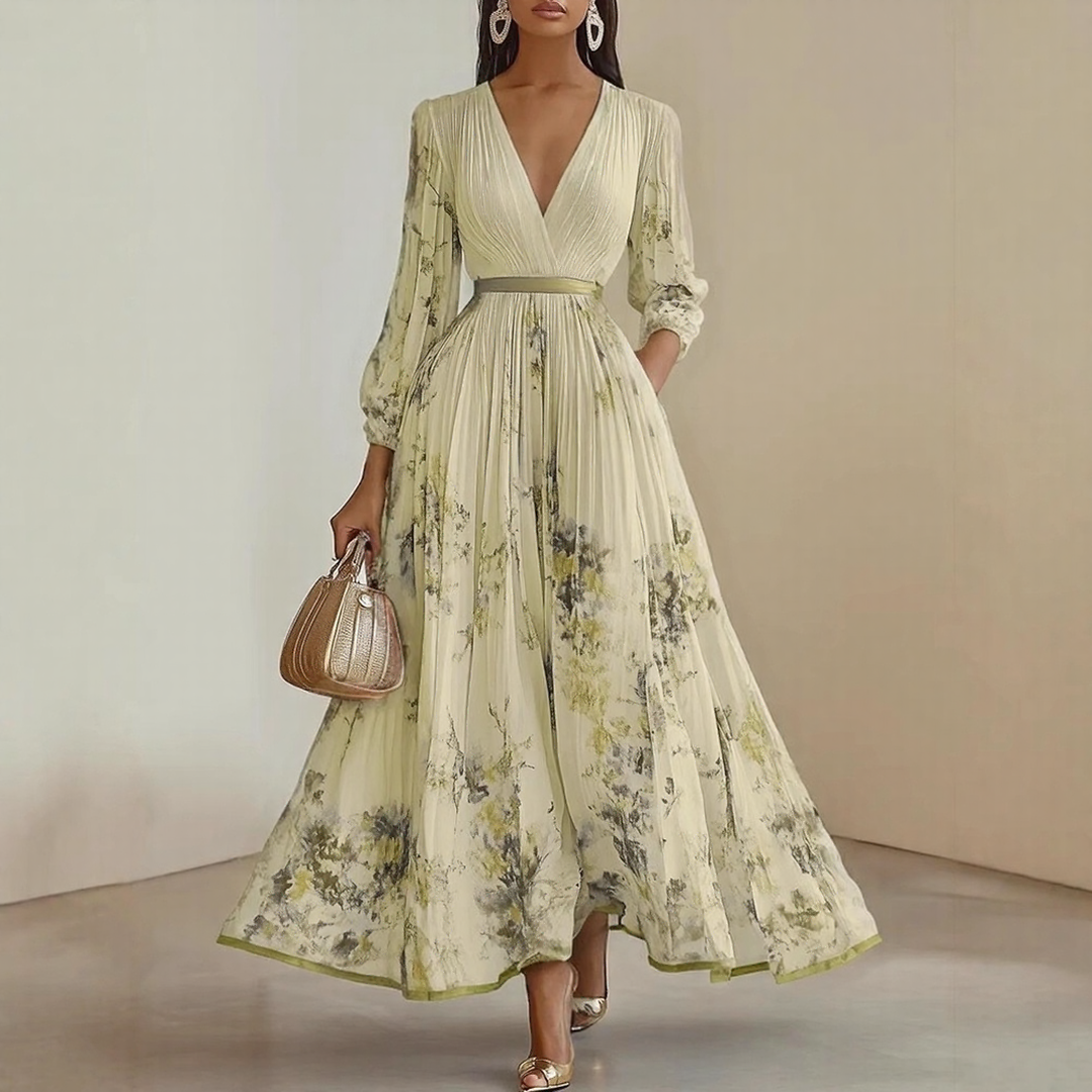 Pleated maxi dress with V-neck and waist tie for women