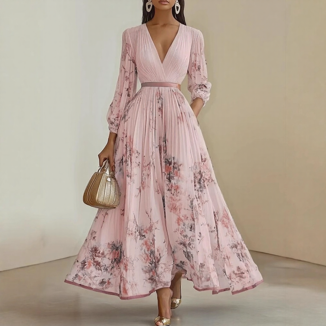 Pleated maxi dress with V-neck and waist tie for women