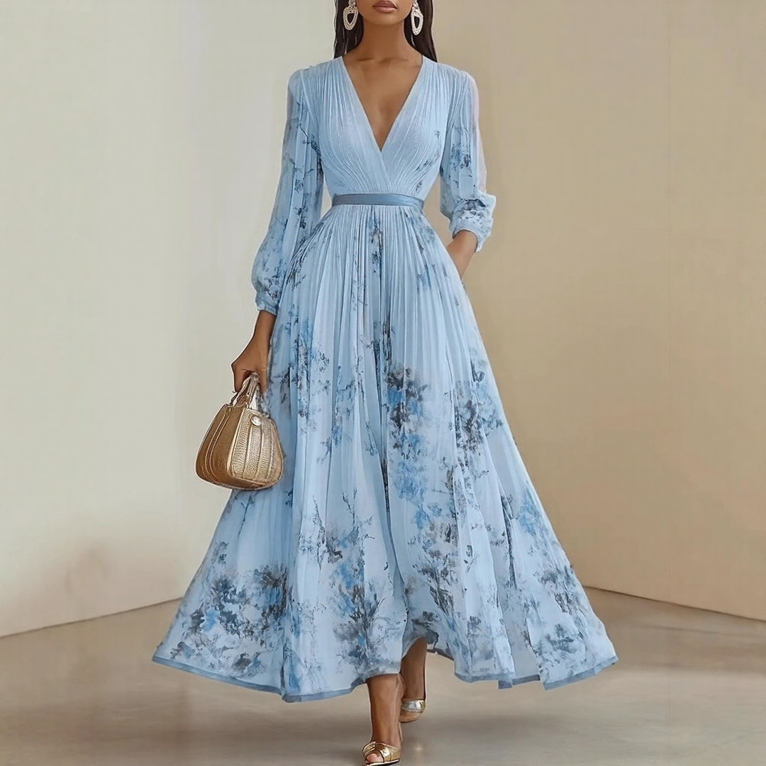 Pleated maxi dress with V-neck and waist tie for women