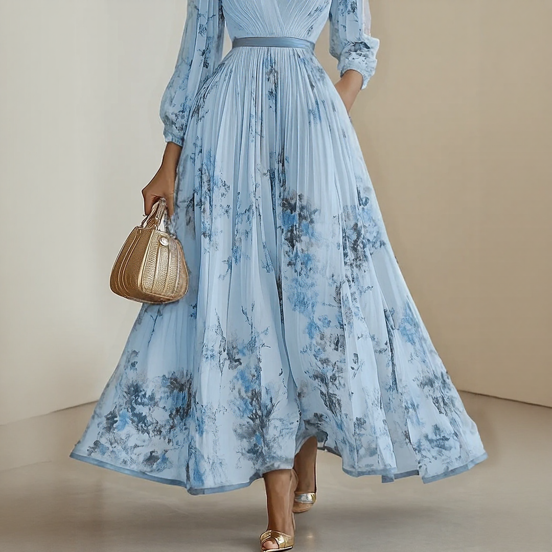 Pleated maxi dress with V-neck and waist tie for women