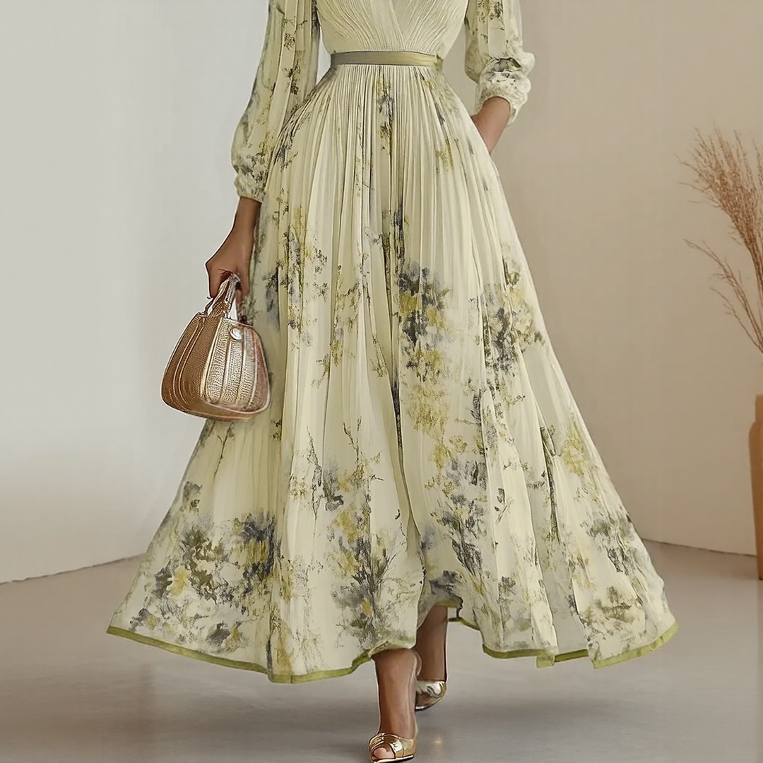 Pleated maxi dress with V-neck and waist tie for women